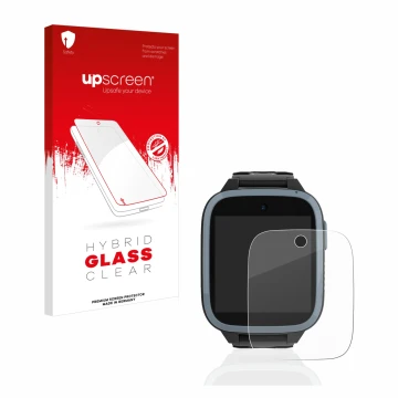 Parte frontal de un envase de producto con el logotipo de la marca upscreen. Al lado se muestra el dispositivo Xplora XGO3 (1a