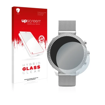 Parte frontal de un envase de producto con el logotipo de la marca upscreen. Al lado se muestra el dispositivo Fossil Stella (