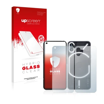 Parte frontal de un envase de producto con el logotipo de la marca upscreen. Al lado se muestra el dispositivo Nothing Phone (