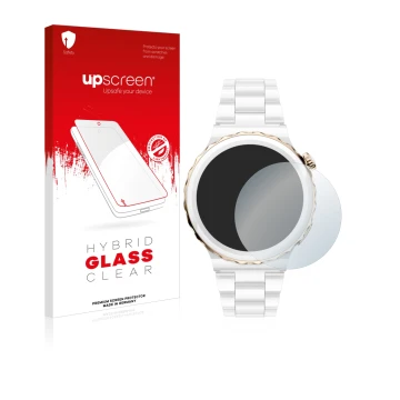 Parte frontal de un envase de producto con el logotipo de la marca upscreen. Al lado se muestra el dispositivo Huawei Watch GT
