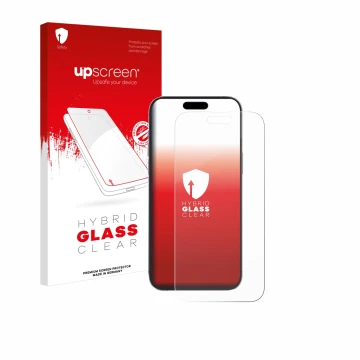 Parte frontal de un envase de producto con el logotipo de la marca upscreen. Al lado se muestra el dispositivo Apple iPhone 14