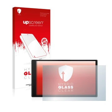 Parte frontal de un envase de producto con el logotipo de la marca upscreen. Al lado se muestra el dispositivo Garmin dezl LGV