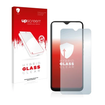 Parte frontal de un envase de producto con el logotipo de la marca upscreen. Al lado se muestra el dispositivo Gigaset GS5 Lit