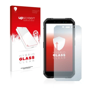 Parte frontal de un envase de producto con el logotipo de la marca upscreen. Al lado se muestra el dispositivo Ulefone Armor X