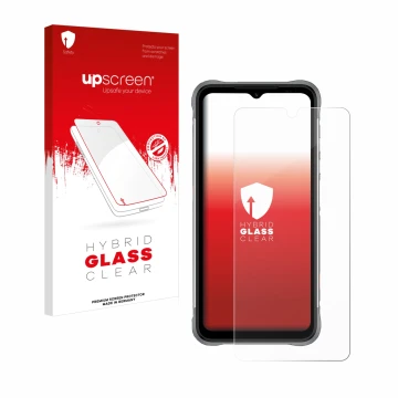 Parte frontal de un envase de producto con el logotipo de la marca upscreen. Al lado se muestra el dispositivo Umidigi Bison X