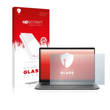 Parte frontal de un envase de producto con el logotipo de la marca upscreen. Al lado se muestra el dispositivo Dell Latitude 1