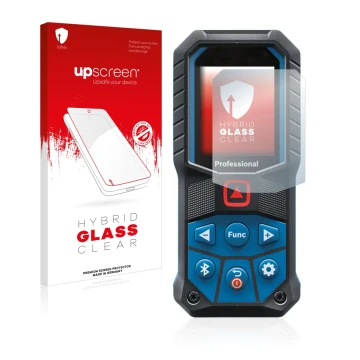 Parte frontal de un envase de producto con el logotipo de la marca upscreen. Al lado se muestra el dispositivo Bosch GLM 50-27