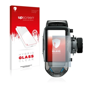 Parte frontal de un envase de producto con el logotipo de la marca upscreen. Al lado se muestra el dispositivo Futaba 10PX con
