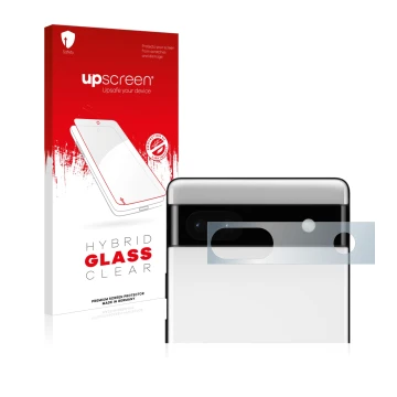 Parte frontal de un envase de producto con el logotipo de la marca upscreen. Al lado se muestra el dispositivo Google Pixel 6a