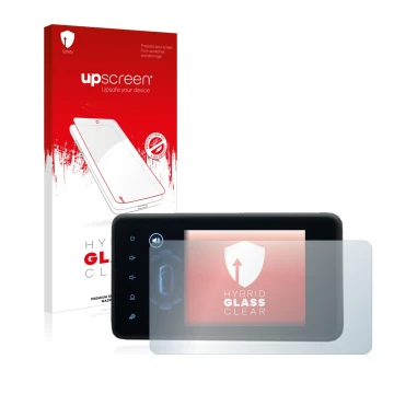 Parte frontal de un envase de producto con el logotipo de la marca upscreen. Al lado se muestra el dispositivo Dacia Jogger 20