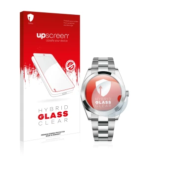 Parte frontal de un envase de producto con el logotipo de la marca upscreen. Al lado se muestra el dispositivo Rolex Datejust 