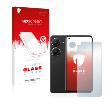 Parte frontal de un envase de producto con el logotipo de la marca upscreen. Al lado se muestra el dispositivo ASUS ZenFone 9 