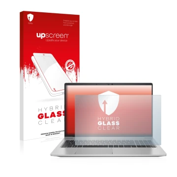 Parte frontal de un envase de producto con el logotipo de la marca upscreen. Al lado se muestra el dispositivo HP ProBook 650 