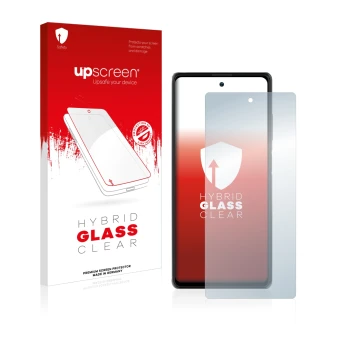 Parte frontal de un envase de producto con el logotipo de la marca upscreen. Al lado se muestra el dispositivo Blackview A100 