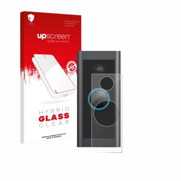 Parte frontal de un envase de producto con el logotipo de la marca upscreen. Al lado se muestra el dispositivo Ring Video Door