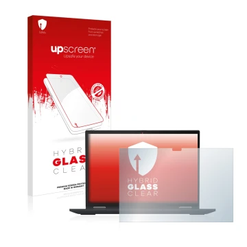 Parte frontal de un envase de producto con el logotipo de la marca upscreen. Al lado se muestra el dispositivo Lenovo ThinkPad