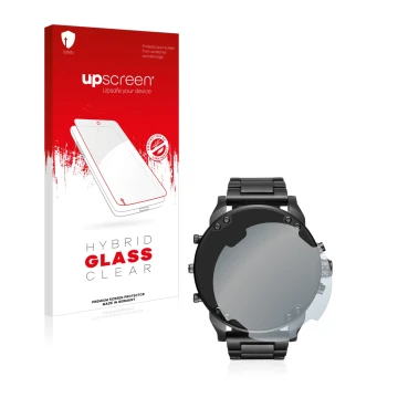 Parte frontal de un envase de producto con el logotipo de la marca upscreen. Al lado se muestra el dispositivo Diesel DZ7395 M