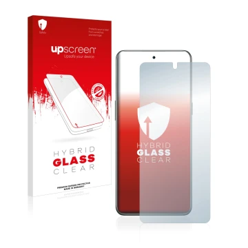 Parte frontal de un envase de producto con el logotipo de la marca upscreen. Al lado se muestra el dispositivo OnePlus 10T 5G 