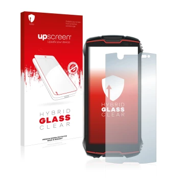 Parte frontal de un envase de producto con el logotipo de la marca upscreen. Al lado se muestra el dispositivo Cubot King Kong