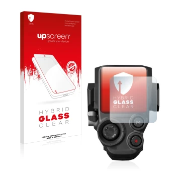 Parte frontal de un envase de producto con el logotipo de la marca upscreen. Al lado se muestra el dispositivo DJI RS 3 Pro co