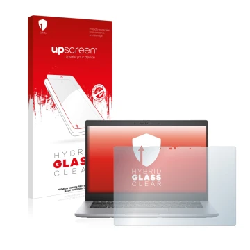 Parte frontal de un envase de producto con el logotipo de la marca upscreen. Al lado se muestra el dispositivo Dell Latitude 5