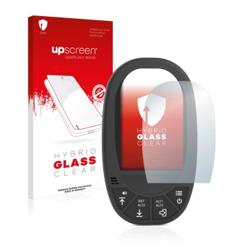 Parte frontal de un envase de producto con el logotipo de la marca upscreen. Al lado se muestra el dispositivo Flymaster GPS L