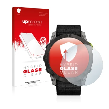 Parte frontal de un envase de producto con el logotipo de la marca upscreen. Al lado se muestra el dispositivo Garmin Enduro 2