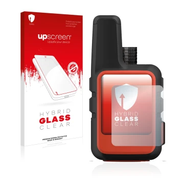 Parte frontal de un envase de producto con el logotipo de la marca upscreen. Al lado se muestra el dispositivo Garmin inReach 