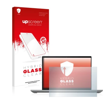 Parte frontal de un envase de producto con el logotipo de la marca upscreen. Al lado se muestra el dispositivo Lenovo ThinkPad