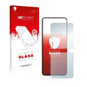 Parte frontal de un envase de producto con el logotipo de la marca upscreen. Al lado se muestra el dispositivo Samsung Galaxy 