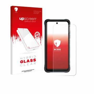 Parte frontal de un envase de producto con el logotipo de la marca upscreen. Al lado se muestra el dispositivo Umidigi Bison 2