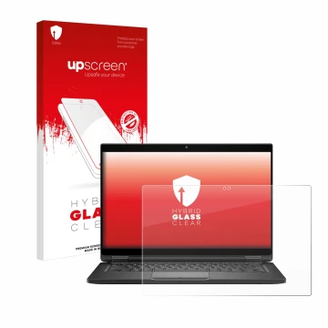 Parte frontal de un envase de producto con el logotipo de la marca upscreen. Al lado se muestra el dispositivo Dell Latitude 7