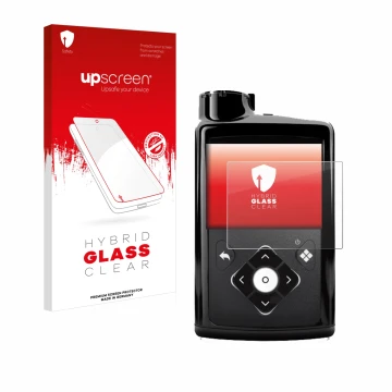 Parte frontal de un envase de producto con el logotipo de la marca upscreen. Al lado se muestra el dispositivo Medtronic Minim