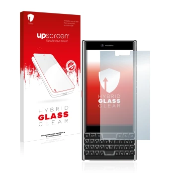 Parte frontal de un envase de producto con el logotipo de la marca upscreen. Al lado se muestra el dispositivo Unihertz Titan 
