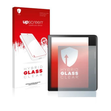 Parte frontal de un envase de producto con el logotipo de la marca upscreen. Al lado se muestra el dispositivo Tolino Epos 3 c
