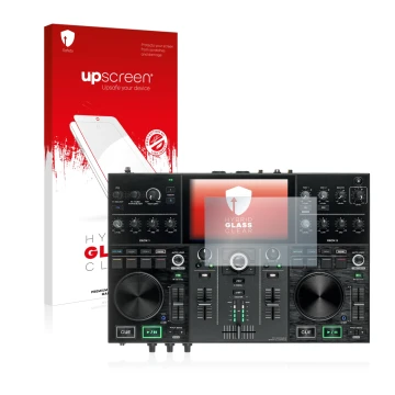 Parte frontal de un envase de producto con el logotipo de la marca upscreen. Al lado se muestra el dispositivo Denon DJ Prime 