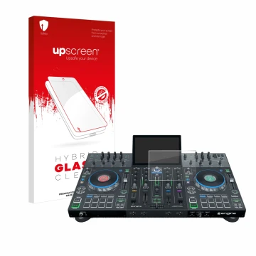 Parte frontal de un envase de producto con el logotipo de la marca upscreen. Al lado se muestra el dispositivo Denon DJ Prime 