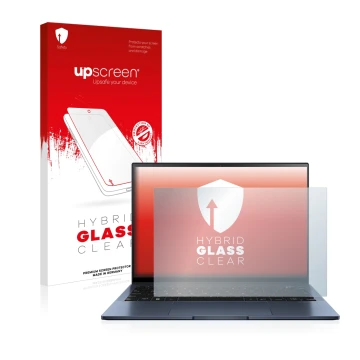 Parte frontal de un envase de producto con el logotipo de la marca upscreen. Al lado se muestra el dispositivo ASUS ZenBook S1