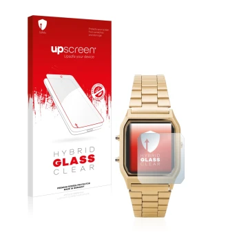 Parte frontal de un envase de producto con el logotipo de la marca upscreen. Al lado se muestra el dispositivo Casio AQ-230GA 