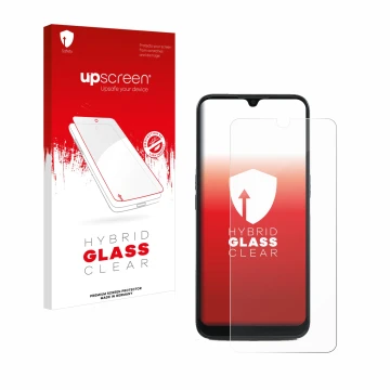 Parte frontal de un envase de producto con el logotipo de la marca upscreen. Al lado se muestra el dispositivo Doro 8100 con s