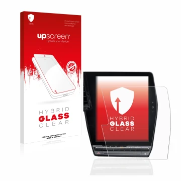 Parte frontal de un envase de producto con el logotipo de la marca upscreen. Al lado se muestra el dispositivo Renault Megane 