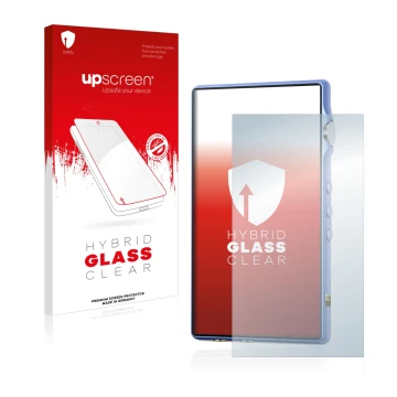 Parte frontal de un envase de producto con el logotipo de la marca upscreen. Al lado se muestra el dispositivo iBasso DX170 co