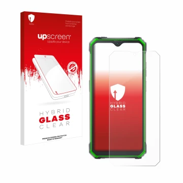 Parte frontal de un envase de producto con el logotipo de la marca upscreen. Al lado se muestra el dispositivo Blackview BV710