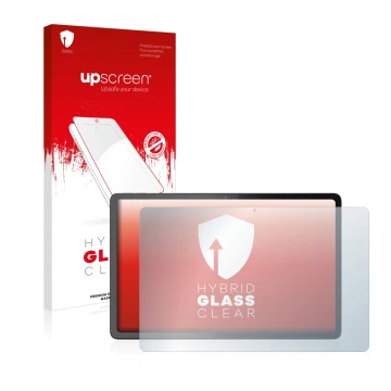 Parte frontal de un envase de producto con el logotipo de la marca upscreen. Al lado se muestra el dispositivo Lenovo Tab P11 
