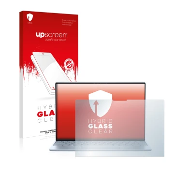 Parte frontal de un envase de producto con el logotipo de la marca upscreen. Al lado se muestra el dispositivo Dell XPS 13 931