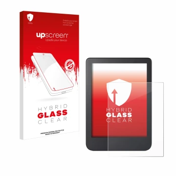 Parte frontal de un envase de producto con el logotipo de la marca upscreen. Al lado se muestra el dispositivo Kobo Clara 2E c