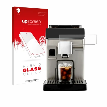 Parte frontal de un envase de producto con el logotipo de la marca upscreen. Al lado se muestra el dispositivo DeLonghi Eletta
