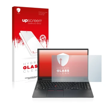 Parte frontal de un envase de producto con el logotipo de la marca upscreen. Al lado se muestra el dispositivo Lenovo ThinkPad