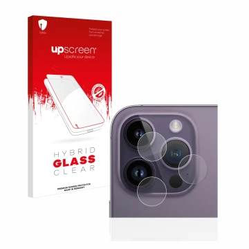 Parte frontal de un envase de producto con el logotipo de la marca upscreen. Al lado se muestra el dispositivo Apple iPhone 14