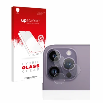Parte frontal de un envase de producto con el logotipo de la marca upscreen. Al lado se muestra el dispositivo Apple iPhone 14